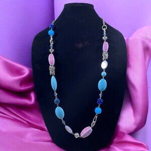 Colorful Beaded Necklace Multicolor Pink & Blue Artisan Chunky‎ Festival Boho